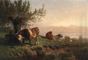 Kuhe Auf Einer Weide Am Ufer Eines Sees by Charles (Jean-Ch. Ferdinand) Humbert