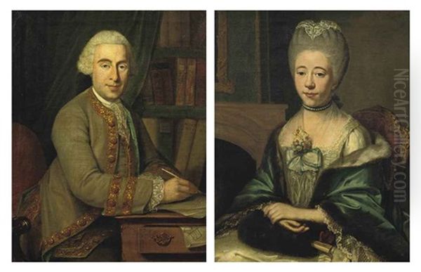 Portrait Of Jean Daniel De Loches (1731-1794) In A Gold-embroidered Green Coat... (+ Portrait Of Maria Josina Baldina Van Oldenbarnvelt...; Pair) - view 1