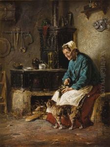Bauerin Mit Kaffeemuhle Beim Kachelherd Sitzend by Adolf Humborg