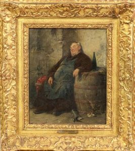 Seated Monk With Barrel And Glass Of Wine by Adolf Humborg