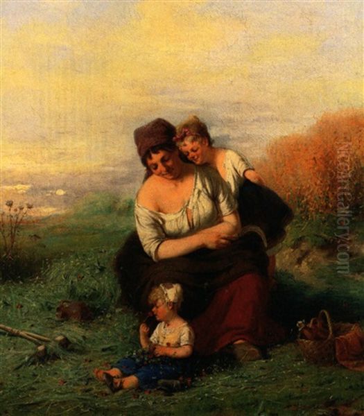 Rastende Junge Bauerin Mit Zwei Kindern Bei Der Ernte - view 1