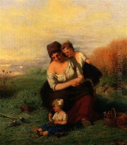Rastende Junge Bauerin Mit Zwei Kindern Bei Der Ernte by Adolf Humborg
