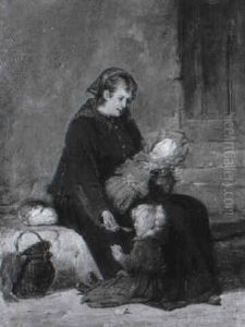 Mutter Mit Saugling Und T"chterchen Auf Den Stufen Vor Einer Tur
