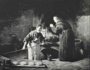Depicting Two Monks In A Kitchen Roasting A Pig And Baking  Bread