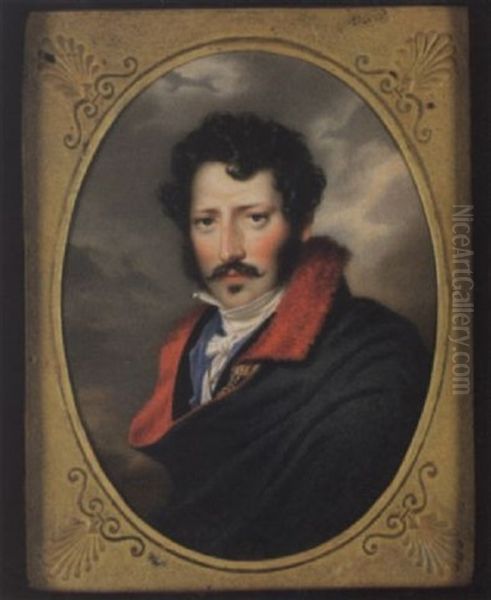 A Gentleman Wearing Blue Cape With Red Fur Trim, Held With A Gold Chain, Over Black Coat, Blue Waistcoat And Tied White Stock - view 1