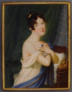 A Young Lady Holding Her Gauze White Dress And Light Blue Cashmere Stole With Crossed Hands To Her Breast, Gold Comb In Her Upswept And Curled Brown Hair A Young Lady Holding Her Gauze White Dress And Light Blue Cashmere Stole With Crossed Hands To Her Breast, Gold Comb In Her Upswept And Curled Brown Hair