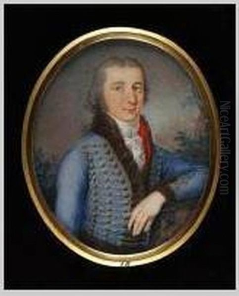 An Officer Of French Hussars Wearing Light Blue Pelisse With Silver Frogging, Brown Fur And Red Lining, White Cravat With Stickpin, A Ring On His Little Finger And His Hair Powdered And Worn En Queue - view 1