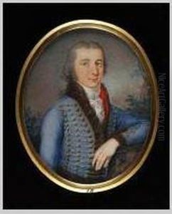 An Officer Of French Hussars Wearing Light Blue Pelisse With Silver Frogging, Brown Fur And Red Lining, White Cravat With Stickpin, A Ring On His Little Finger And His Hair Powdered And Worn En Queue by Carl Hummel