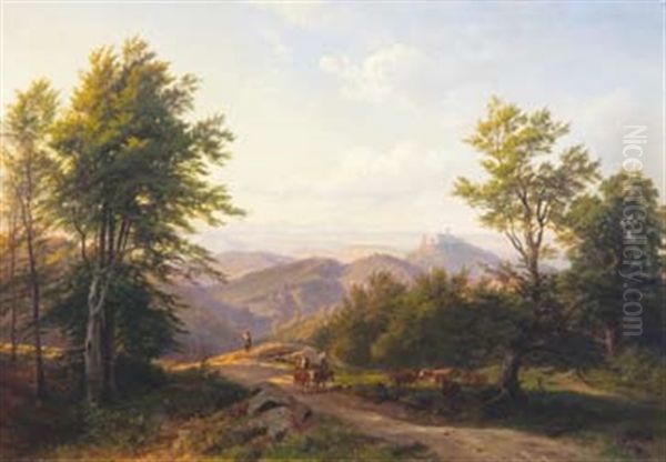 Shepherd Herding Cattle Over Mountain Pass - view 1