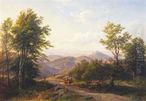 Shepherd Herding Cattle Over Mountain Pass