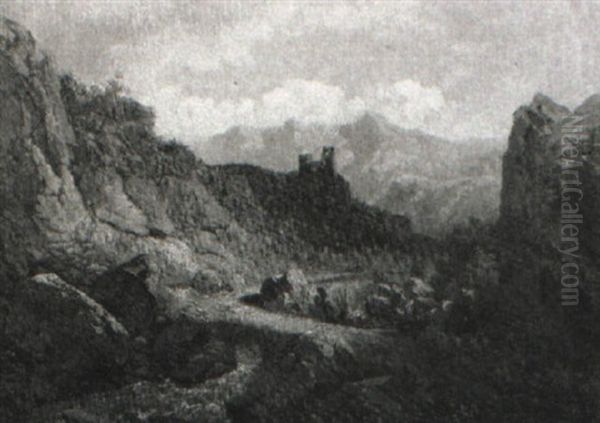 An Extensive Mountainous Landscape With Figures Below A Castle Ruin - view 1