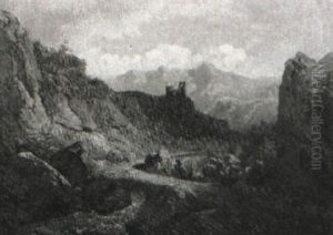 An Extensive Mountainous Landscape With Figures Below A Castle Ruin by Carl Maria Nicolaus Hummel