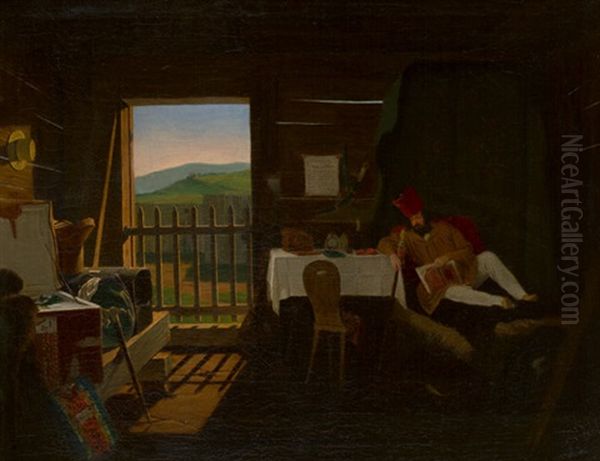 Junger Mann In Turkischer Tracht (selbstbildnis?) Auf Einem Divan Lagernd, In Einem Zu Einem Fort Gehorigen Holzhaus - view 1