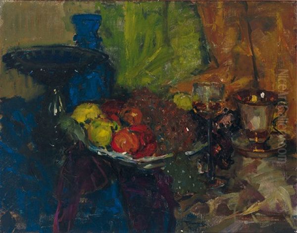 Obststilleben Mit Karaffe, Austernschale, Weinglas Und Tasse - view 1