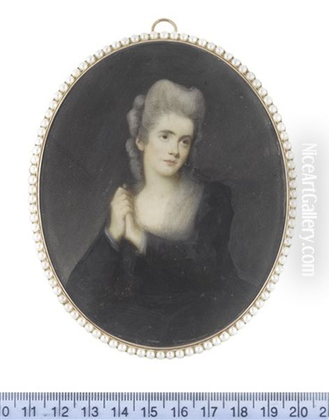 The Actress, Clara Hayward (active), Seated And Wearing Dark Blue Dress, White Chemise And Fichu, Her Powdered Wig Curled In Rolls And Upswept - view 1
