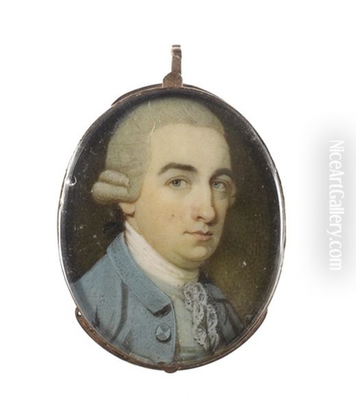 A Gentleman, Wearing Pale Blue Coat, Duck-egg Blue Waistcoat, White Stock And Lace Cravat, His Powdered Wig Worn En Queue - view 1