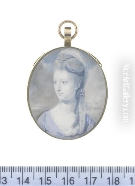 A Lady, Wearing Blue Dress, White Lace Chemise And Pearl Choker, Her Hair Partially Upswept And Falling Over Her Left Shoulder - view 1
