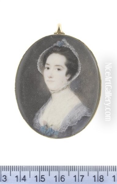 A Lady, Wearing Purple Dress, Her White Lace Fichu Secured At Her Corsage With Blue Ribbon And A Single Pink Rose - view 1