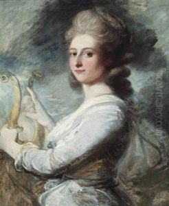 Portrait Of A Lady, Half-length, In A Lavender And White Dress, Playing A Lyre