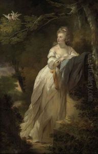 Portrait Of A Lady In A White Dress, Leaning On A Pedestal By A Tree With Two Doves