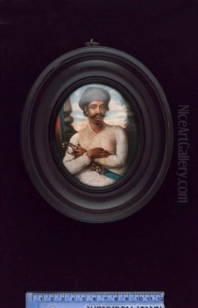 Prince Jawan Bakht The Shahzada, Seated, His Arms Folded Across His Sword, Wearing White Muslin Dress And Pale Blue Turban, The Background Of A Window And Pillars - view 1