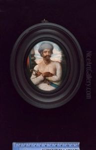 Prince Jawan Bakht The Shahzada, Seated, His Arms Folded Across His Sword, Wearing White Muslin Dress And Pale Blue Turban, The Background Of A Window And Pillars