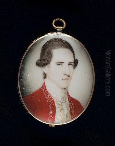 A Gentleman Wearing Red Coat With Gold Embroidered Border, Similarly Bordered White Waistcoat And Lace Cravat, His Natural Wig With Side-buckles - view 1