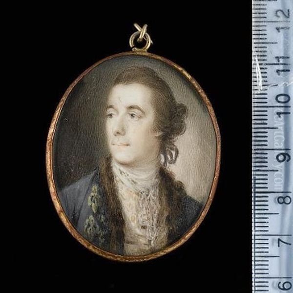 A Gentleman, Wearing A Fur-trimmed Grey Coat With Gold Embroidered Button Holes, Patterned White Waistcoat And Lace Cravat, His Hair Worn En Queue With A Black Ribbon - view 1