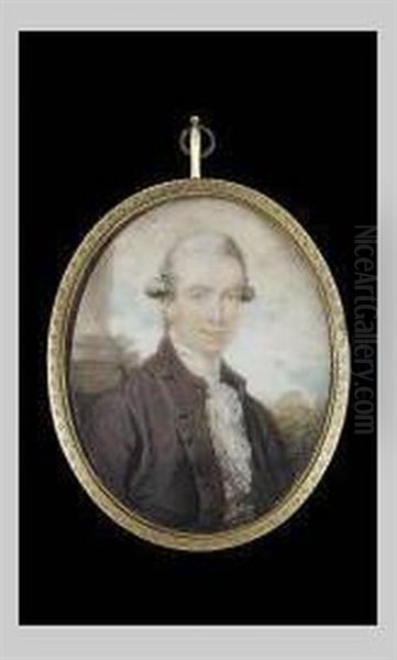 Sir John Macpherson, Governor-general Of India, Wearing Brown Coat, Gold Figured White Waistcoat And White Lace Cravat, His Hair Powdered, Pillar And Landscape Background - view 1