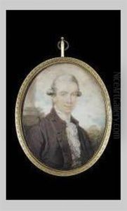 Sir John Macpherson, Governor-general Of India, Wearing Brown Coat, Gold Figured White Waistcoat And White Lace Cravat, His Hair Powdered, Pillar And Landscape Background by Ozias Humphry