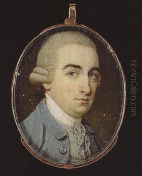 A Gentleman, With Powdered Hair En Queue And Side Buckles, Wearing Cyan-blue Coat, Pale Blue Waistcoat, White Stock And Lace Cravat - view 1