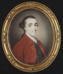 A Gentleman, His Natural Hair En Queue, Wearing Red Coat, Figured Green Waistcoat And White Lace Cravat by Ozias Humphry