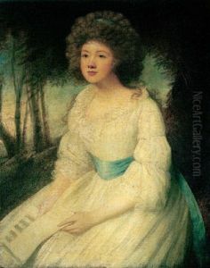Portrait Of A Lady Wearing A White Dress, Holding A Letter, With A Landscape Beyond by Ozias Humphry