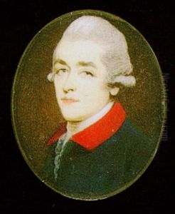 A Gentleman Wearing A Powdered Wig And Blue Coat With Red Collar by Ozias Humphry