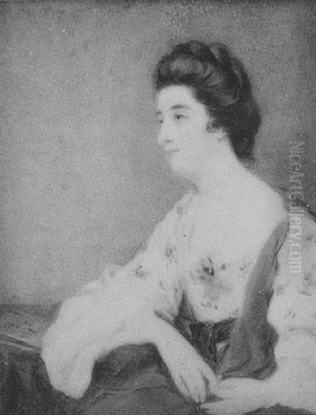 Emilia, Dutchess Of Leinster, Wearing Decollete White Dress With Floral Motif And Blue Ribbon Waistband - view 1
