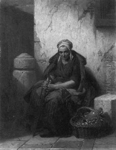 An Old Peasant Woman Leaning Against A Wall, A Reeded Basket With A Jug By Her Feet, In A South European Town by Pierre Paul Alouis Hunin