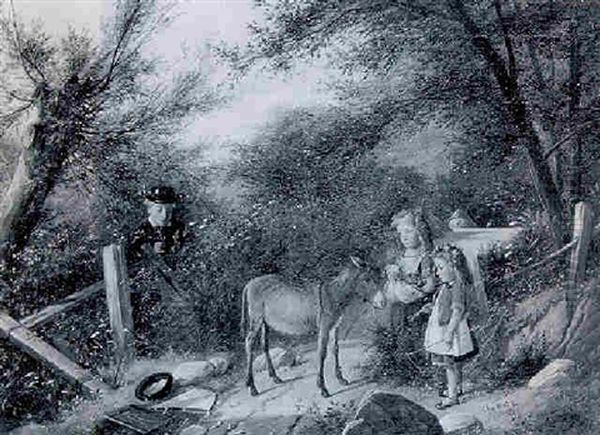Children Gathering Flowers And Playing On A Country Path With A Donkey - view 1