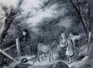 Children Gathering Flowers And Playing On A Country Path With A Donkey by Charles, Hunt Jnr.