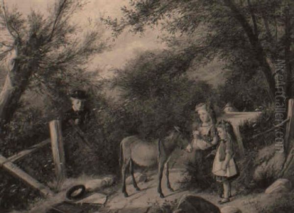 Children Gathering Flowers And Playing On A Country Path With Donkey - view 1