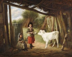 Feeding Time, Two Country Girls Feeding A Calf In A Stable