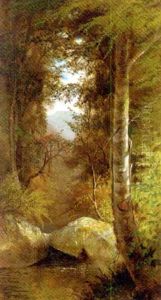 A River Running Through A Forest With A View Of A Mountain Through The Trees by Charles Day Hunt