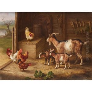 Chickens And Goats In A Byre by Edgar Hunt