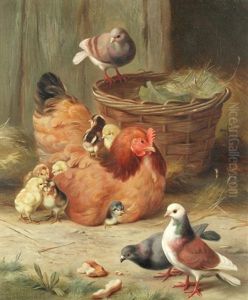 A Rhode Island Red And Her Chicks With Three Pigeons by Edgar Hunt