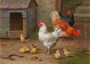 A Cockerel, Hens And Chicks By A Pail; A Cockerel, Hens And Chicks By A Kennel by Edgar Hunt