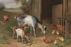 Goats And Chickens In A Farmyard; Donkeys And Chickens In A Farmyard Each 30.5 X 46cm (12 X by Edgar Hunt