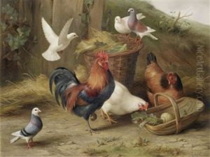 Chickens And Doves By A Wicker Basket And Trug by Edgar Hunt