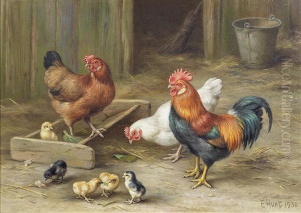 A Pony And A Goat Feeding; Hens And Chickens On The Barn Floor (pair) - view 1
