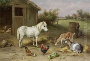 A Grey Pony, Goats And Chickens In A Farmyard by Edgar Hunt