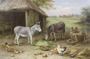 Donkeys And Chickens In A Farmyard