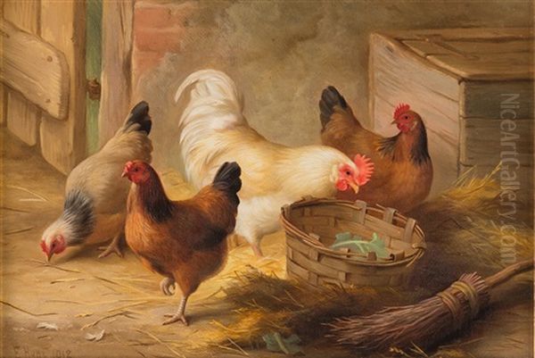 Chickens In A Barn With Basket Of Leaves And Broom - view 1